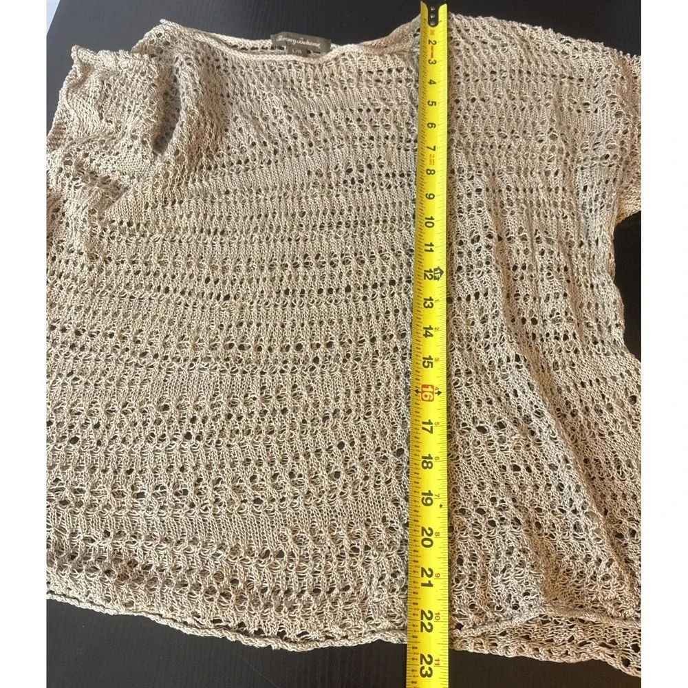 Tommy Bahama Womens Large Linen Top Brown Knit Pullover Crochet Mesh Coverup‎